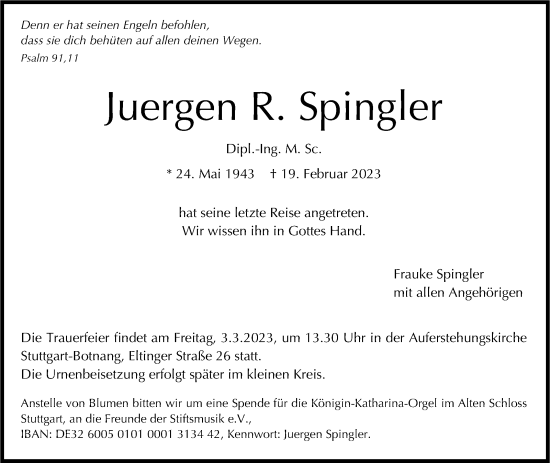 Traueranzeige von Juergen R. Spingler von Stuttgarter Zeitung / Stuttgarter Nachrichten