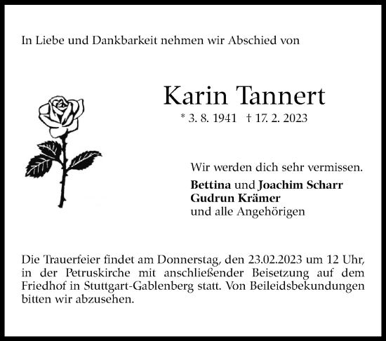 Traueranzeige von Karin Tannert von Stuttgarter Zeitung / Stuttgarter Nachrichten