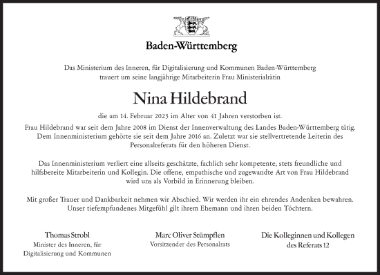 Traueranzeige von Nina Hildebrand von Stuttgarter Zeitung / Stuttgarter Nachrichten