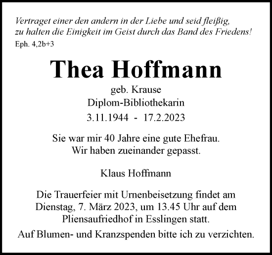 Traueranzeige von Thea Hoffmann von Stuttgarter Zeitung / Stuttgarter Nachrichten