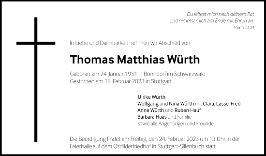 Traueranzeige von Thomas Matthias Würth von Stuttgarter Zeitung / Stuttgarter Nachrichten