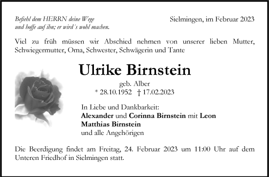 Traueranzeige von Ulrike Birnstein von Stuttgarter Zeitung / Stuttgarter Nachrichten