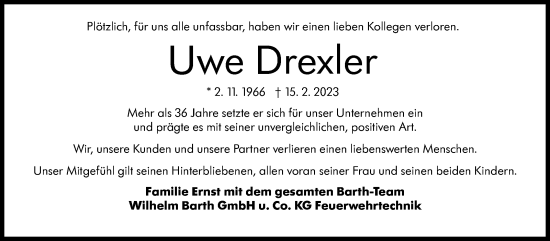 Traueranzeige von Uwe Drexler von Stuttgarter Zeitung / Stuttgarter Nachrichten