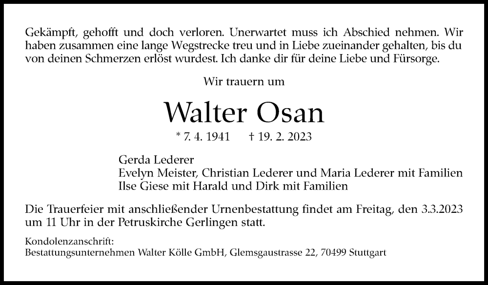  Traueranzeige für Walter Osan vom 25.02.2023 aus Stuttgarter Zeitung / Stuttgarter Nachrichten