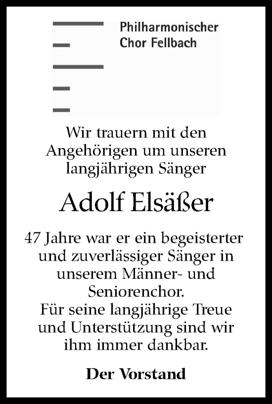Traueranzeige von Adolf Elsäßer von Stuttgarter Zeitung / Stuttgarter Nachrichten