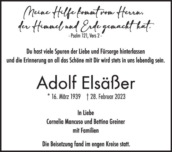 Traueranzeige von Adolf Elsäßer von Stuttgarter Zeitung / Stuttgarter Nachrichten