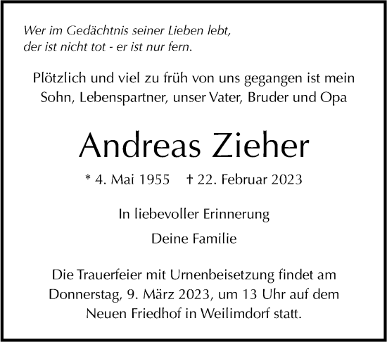 Traueranzeige von Andreas Zieher von Stuttgarter Zeitung / Stuttgarter Nachrichten