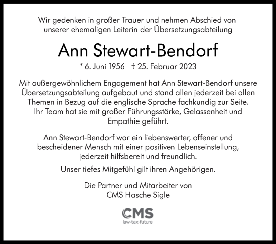 Traueranzeige von Ann Stewart-Bendorf von Stuttgarter Zeitung / Stuttgarter Nachrichten