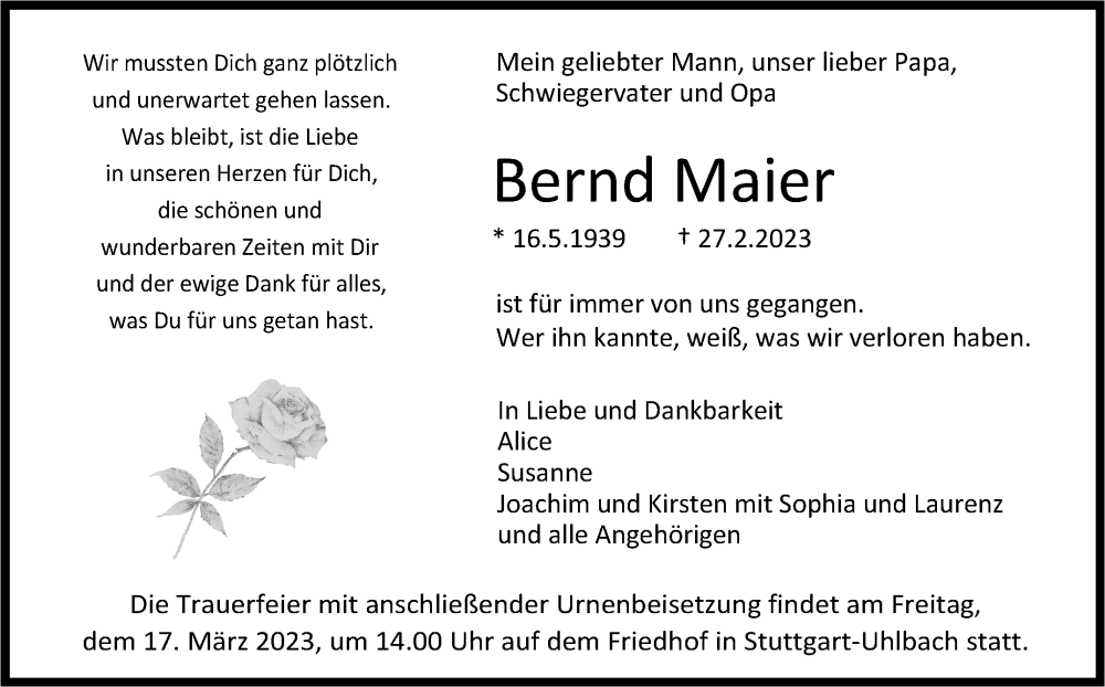  Traueranzeige für Bernd Maier vom 11.03.2023 aus Stuttgarter Zeitung / Stuttgarter Nachrichten