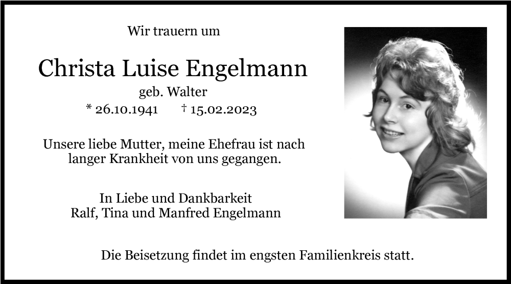  Traueranzeige für Christa Luise Engelmann vom 17.03.2023 aus Stuttgarter Zeitung / Stuttgarter Nachrichten
