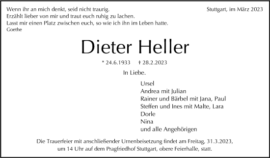 Traueranzeige von Dieter Heller von Stuttgarter Zeitung / Stuttgarter Nachrichten