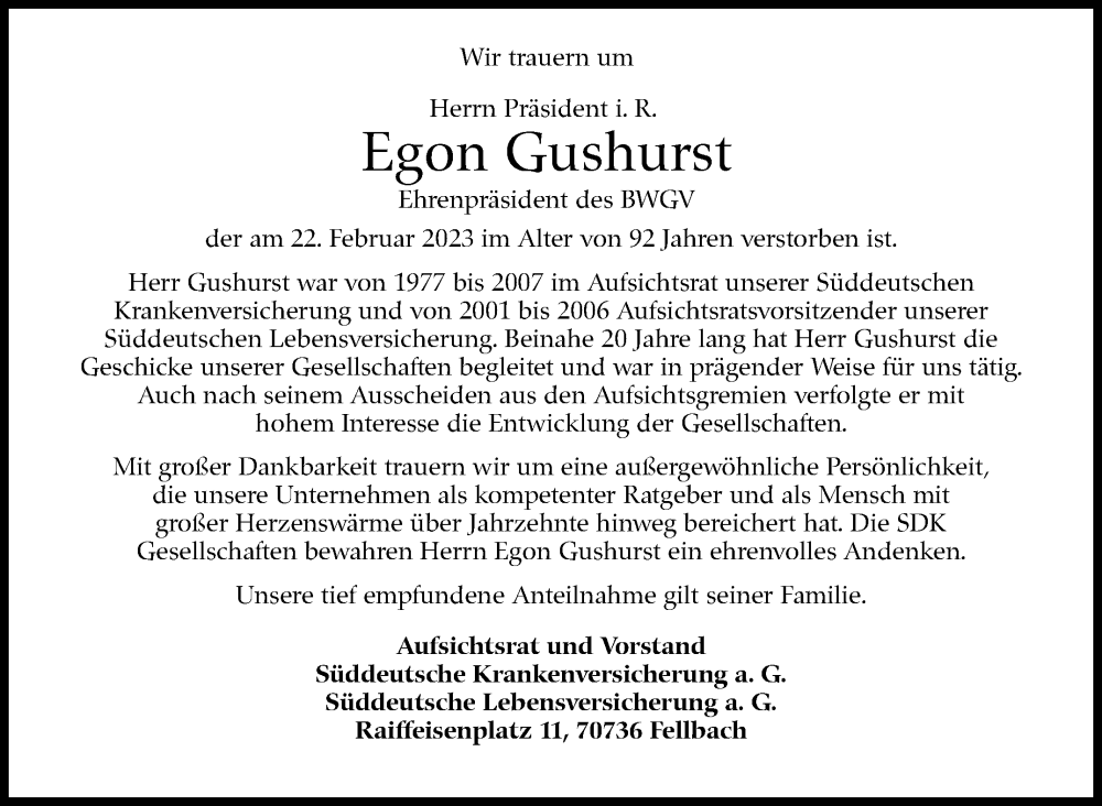  Traueranzeige für Egon Gushurst vom 04.03.2023 aus Stuttgarter Zeitung / Stuttgarter Nachrichten