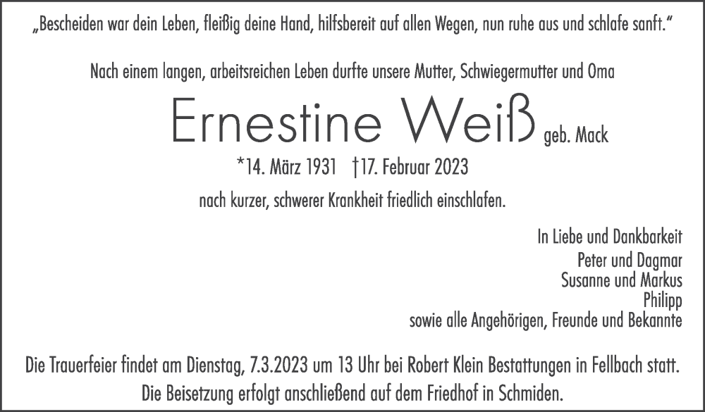  Traueranzeige für Ernestine Weiß vom 03.03.2023 aus Stuttgarter Zeitung / Stuttgarter Nachrichten