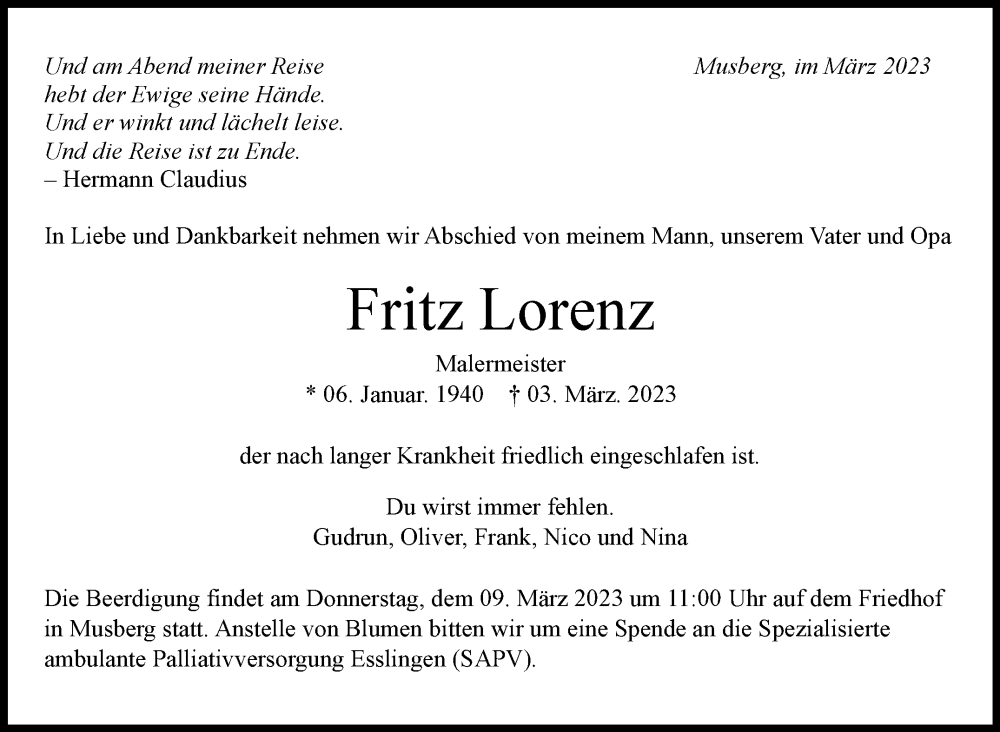 Traueranzeige für Fritz Lorenz vom 08.03.2023 aus Stuttgarter Zeitung / Stuttgarter Nachrichten