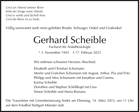 Traueranzeige von Gerhard Scheible von Stuttgarter Zeitung / Stuttgarter Nachrichten