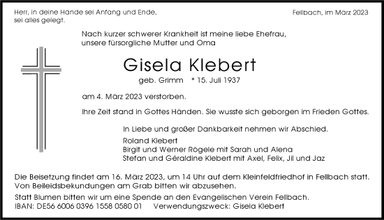 Traueranzeige von Gisela Klebert von Stuttgarter Zeitung / Stuttgarter Nachrichten