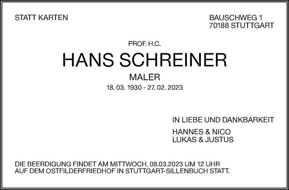  Traueranzeige für Hans Schreiner vom 04.03.2023 aus Stuttgarter Zeitung / Stuttgarter Nachrichten