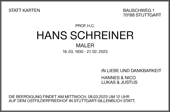 Traueranzeige von Hans Schreiner von Stuttgarter Zeitung / Stuttgarter Nachrichten