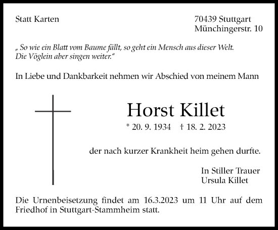 Traueranzeige von Horst Killet von Stuttgarter Zeitung / Stuttgarter Nachrichten