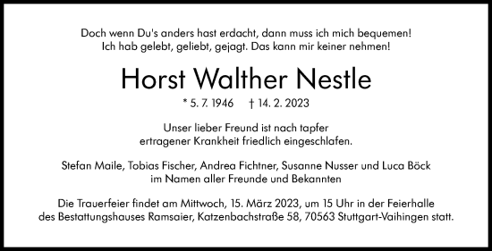 Traueranzeige von Horst Walther Nestle von Stuttgarter Zeitung / Stuttgarter Nachrichten