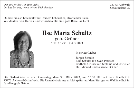 Traueranzeige von Ilse Maria Schultz von Stuttgarter Zeitung / Stuttgarter Nachrichten