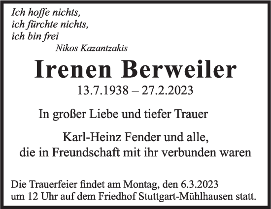 Traueranzeige von Irenen Berweiler von Stuttgarter Zeitung / Stuttgarter Nachrichten
