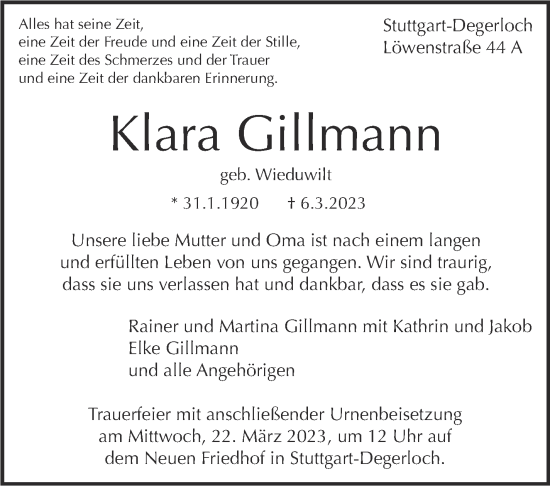 Traueranzeige von Klara Gillmann von Stuttgarter Zeitung / Stuttgarter Nachrichten