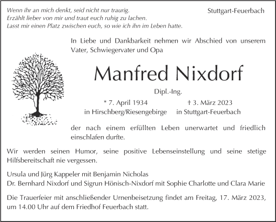 Traueranzeige von Manfred Nixdorf von Stuttgarter Zeitung / Stuttgarter Nachrichten