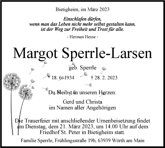 Traueranzeige von Margot Sperrle-Larsen von Stuttgarter Zeitung / Stuttgarter Nachrichten