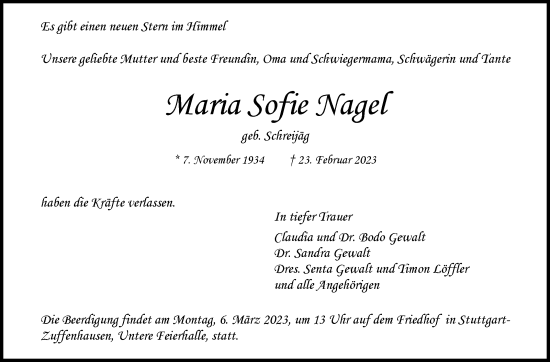 Traueranzeige von Maria Sofie Nagel von Stuttgarter Zeitung / Stuttgarter Nachrichten