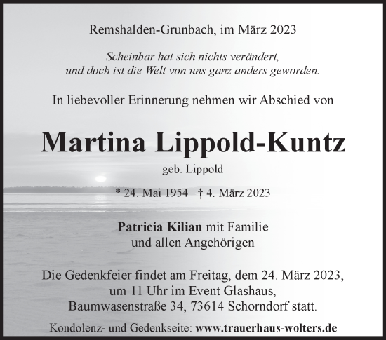 Traueranzeige von Martina Lippold-Kuntz von Stuttgarter Zeitung / Stuttgarter Nachrichten