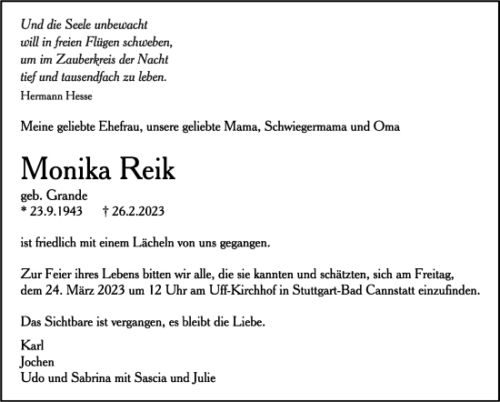 Traueranzeige von Monika Reik von Stuttgarter Zeitung / Stuttgarter Nachrichten