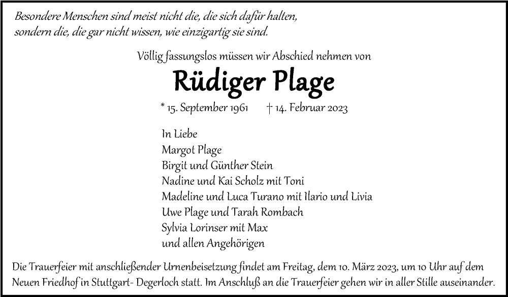  Traueranzeige für Rüdiger Plage vom 04.03.2023 aus Stuttgarter Zeitung / Stuttgarter Nachrichten