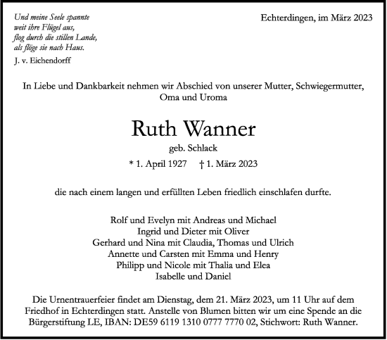 Traueranzeige von Ruth Wanner von Stuttgarter Zeitung / Stuttgarter Nachrichten