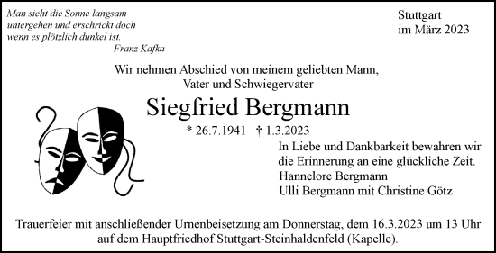Traueranzeige von Siegfried Bergmann von Stuttgarter Zeitung / Stuttgarter Nachrichten