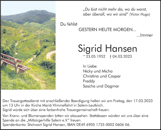 Traueranzeige von Sigrid Hansen von Stuttgarter Zeitung / Stuttgarter Nachrichten