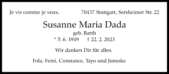 Traueranzeige von Susanne Maria Dada von Stuttgarter Zeitung / Stuttgarter Nachrichten