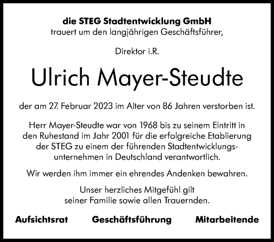 Traueranzeige von Ulrich Mayer-Steudte von Stuttgarter Zeitung / Stuttgarter Nachrichten