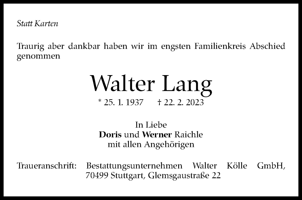  Traueranzeige für Walter Lang vom 03.03.2023 aus Stuttgarter Zeitung / Stuttgarter Nachrichten