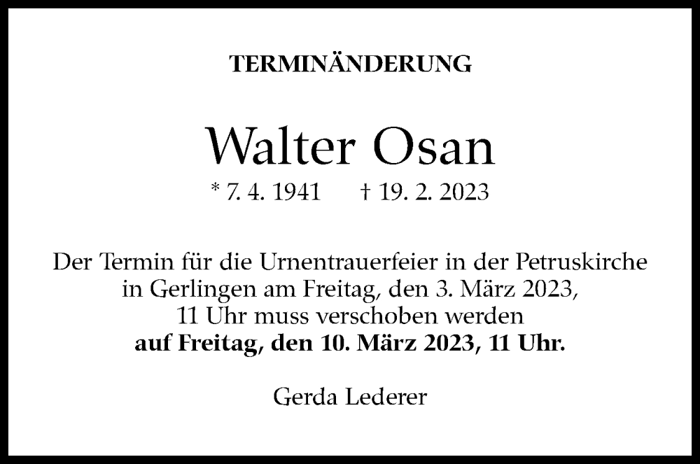  Traueranzeige für Walter Osan vom 01.03.2023 aus Stuttgarter Zeitung / Stuttgarter Nachrichten