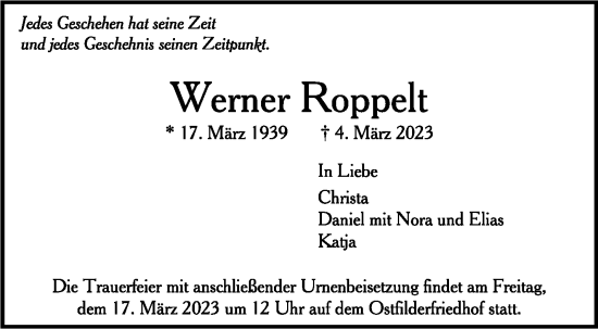 Traueranzeige von Werner Roppelt von Stuttgarter Zeitung / Stuttgarter Nachrichten