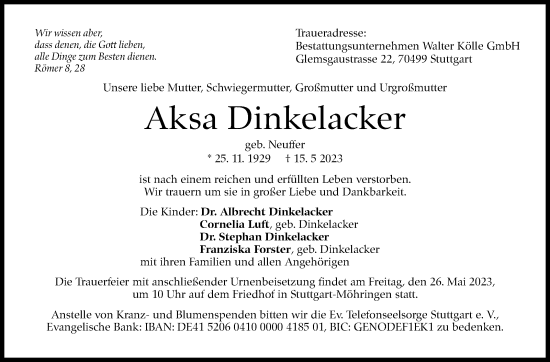 Traueranzeige von Aksa Dinkelacker von Stuttgarter Zeitung / Stuttgarter Nachrichten