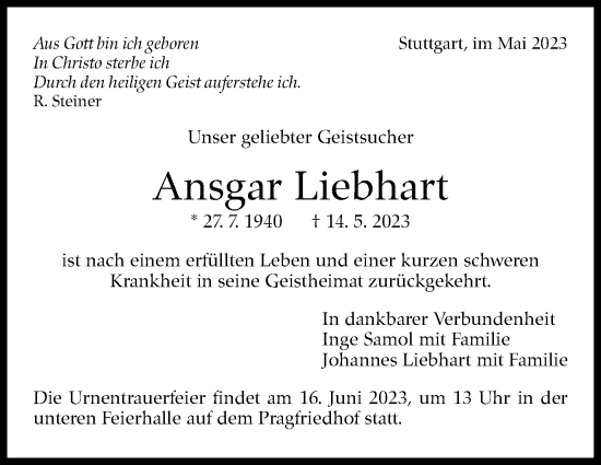 Traueranzeige von Ansgar Liebhart von Stuttgarter Zeitung / Stuttgarter Nachrichten