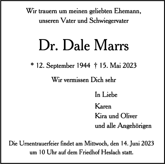 Traueranzeige von Dale Marrs von Stuttgarter Zeitung / Stuttgarter Nachrichten