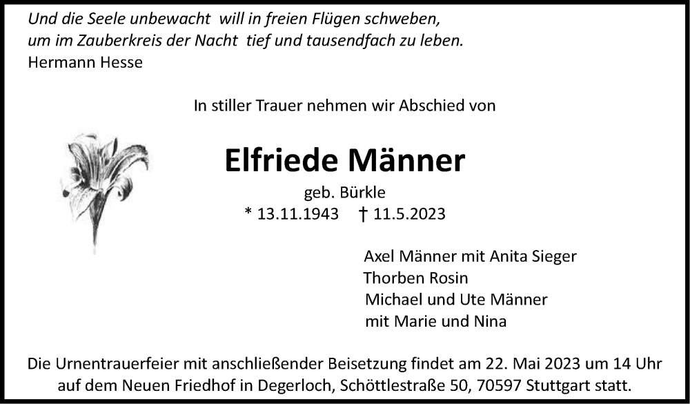  Traueranzeige für Elfriede Männer vom 19.05.2023 aus Stuttgarter Zeitung / Stuttgarter Nachrichten