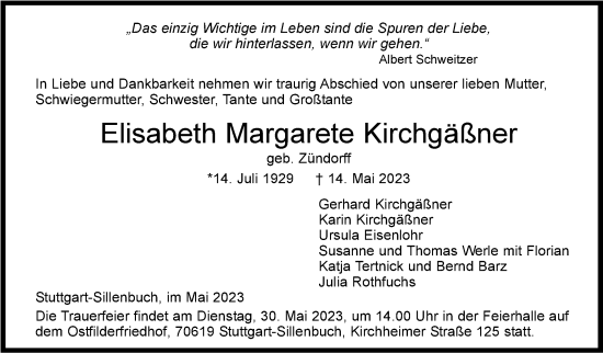 Traueranzeige von Elisabeth Margarete Kirchgäßner von Stuttgarter Zeitung / Stuttgarter Nachrichten