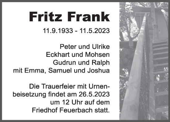 Traueranzeige von Fritz Frank von Stuttgarter Zeitung / Stuttgarter Nachrichten