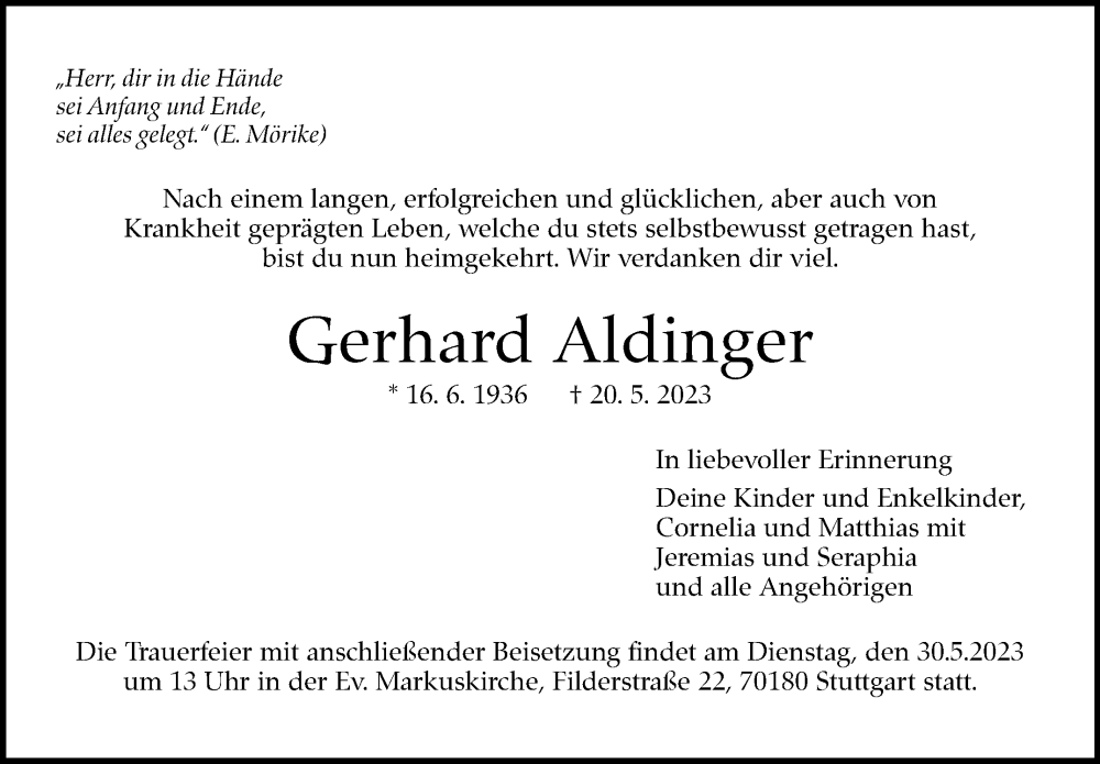  Traueranzeige für Gerhard Aldinger vom 27.05.2023 aus Stuttgarter Zeitung / Stuttgarter Nachrichten