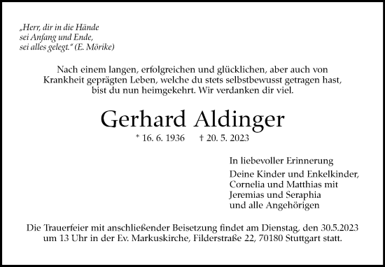 Traueranzeige von Gerhard Aldinger von Stuttgarter Zeitung / Stuttgarter Nachrichten