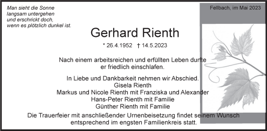 Traueranzeige von Gerhard Rienth von Stuttgarter Zeitung / Stuttgarter Nachrichten